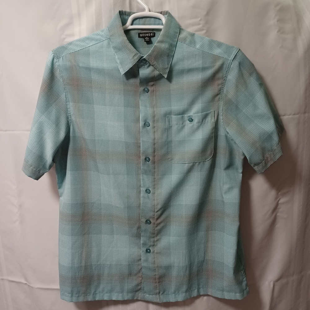 George Button Down Shirt Mens L Scuba Blue GM14Y014 Short Sleeve Micro Chk Plaid